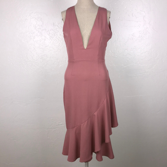 Missguided Dresses & Skirts - Missguided rose pink deep vneck ruffle midi dress